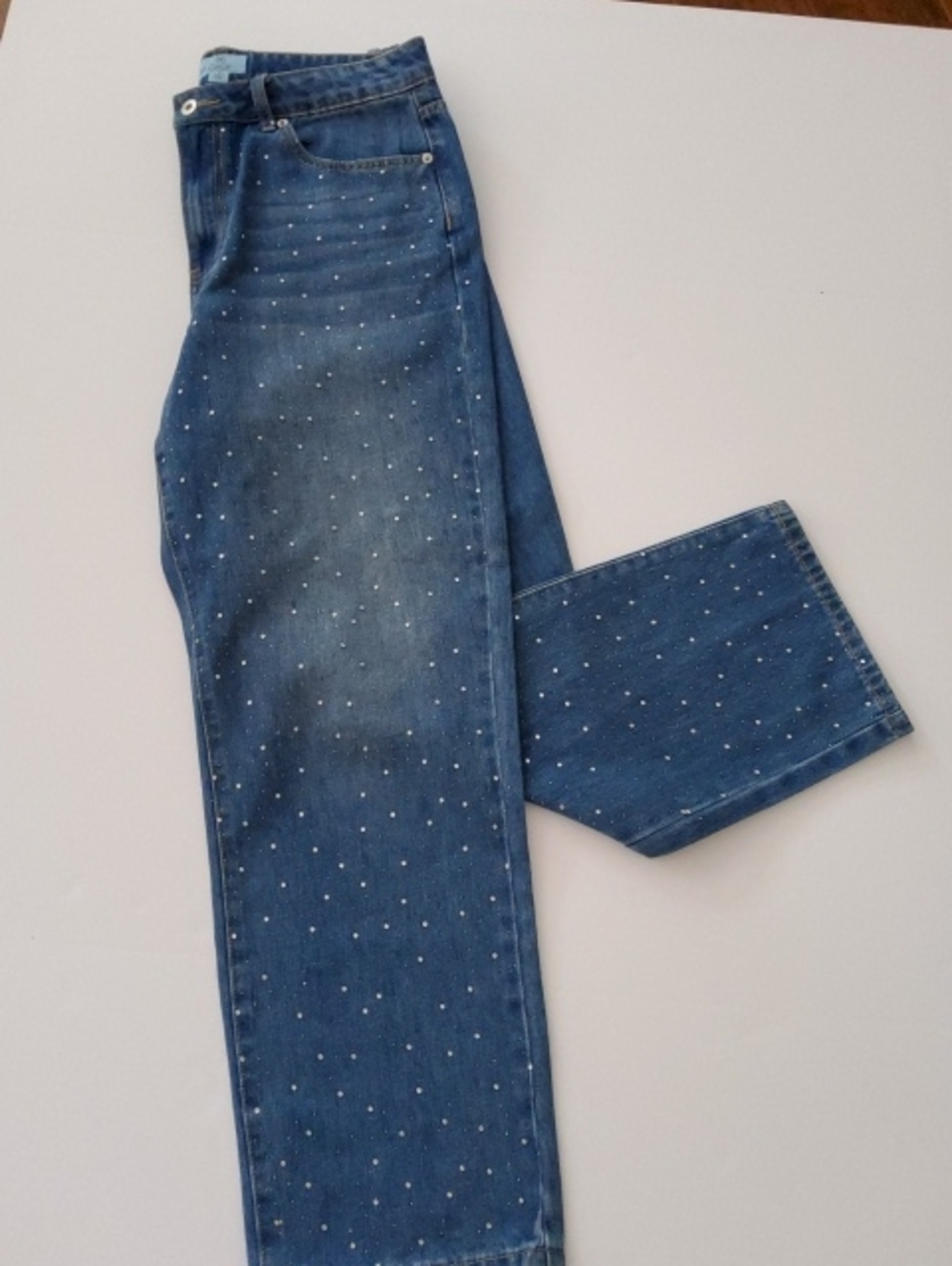 CeCe Crystal Embellished High Waist Straight Leg Blue Jeans